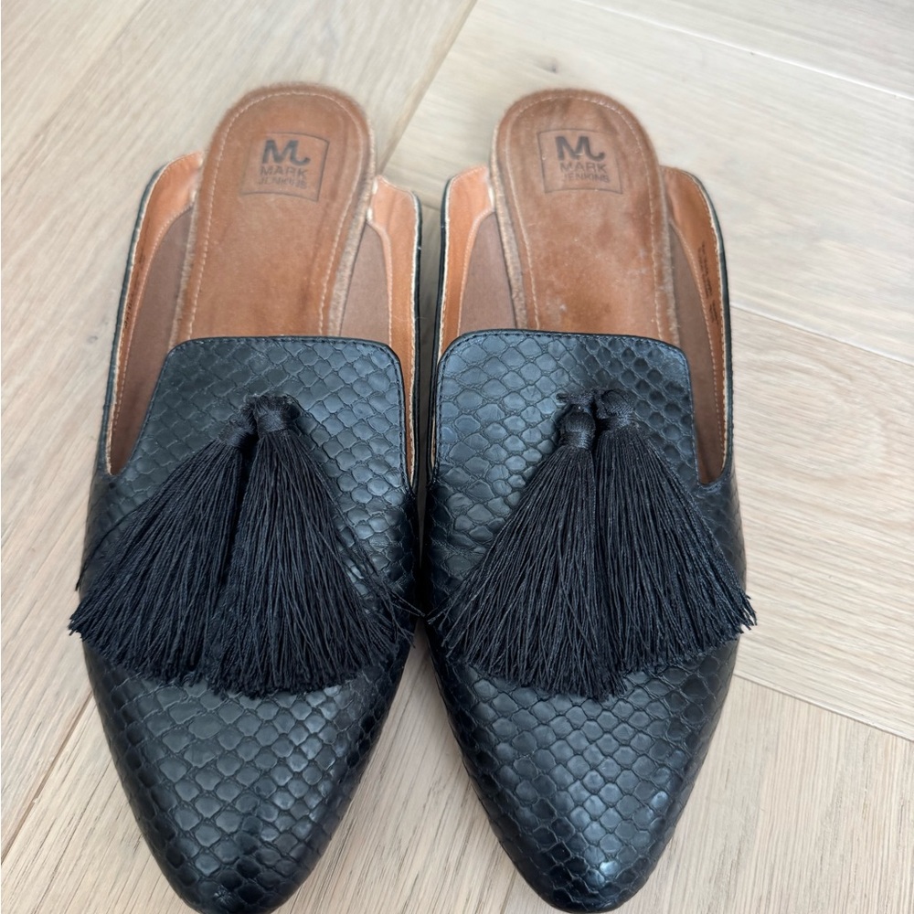 Marc Jenkins Black Faux-Snakeskin Tassel Slip-On Mules